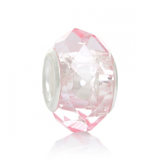 Picture of Glass European Style Large Hole Charm Beads Round Light Pink Silver Plated Core Faceted Transparent About 14mm x 9mm, Hole: Approx 5mm, 30 PCs