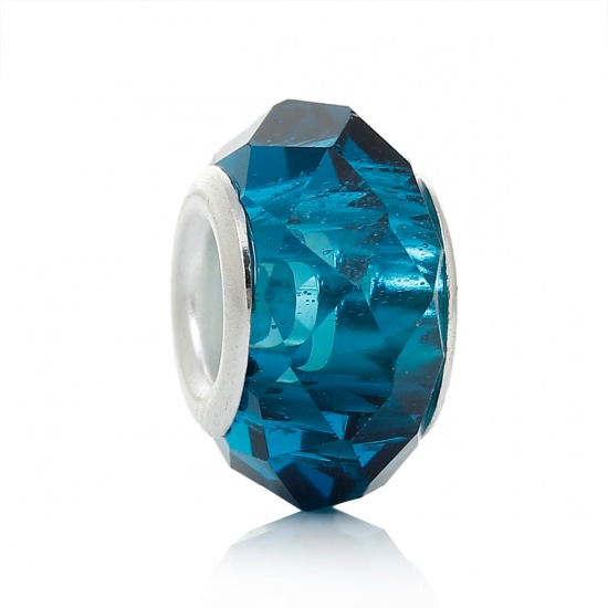 Picture of Glass European Style Large Hole Charm Beads Round Aqua Blue Silver Plated Core Faceted Transparent About 14mm x 8mm, Hole: Approx 5mm, 30 PCs