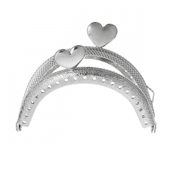 Picture of Zinc Based Alloy Kiss Clasp Lock Purse Frame Arch Silver Tone Heart 7.5cm x5.8cm(3"x2 2/8"), Open Size: 11.1x5.8cm(4 3/8"x2 2/8"), 3 PCs