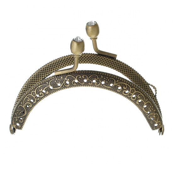 Picture of Zinc Based Alloy Kiss Clasp Lock Purse Frame Arch Antique Bronze Oval Clear Rhinestone 8.7cm x6.7cm(3 3/8" x2 5/8"), Open Size: 12.5x8.7cm(4 7/8"x3 3/8"), 3 PCs