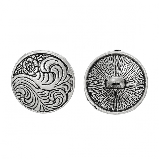Picture of Zinc Based Alloy Metal Sewing Shank Buttons Round Antique Silver Flower Carved 17mm( 5/8") Dia, 50 PCs