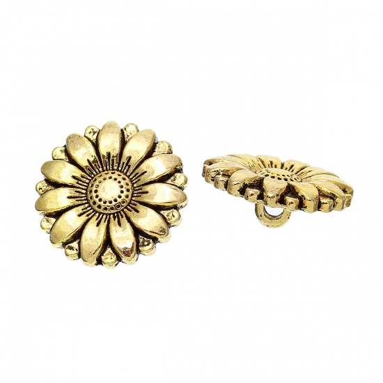 Picture of Zinc Based Alloy Metal Sewing Shank Buttons Sunflower Gold Tone Antique Gold 18mm( 6/8") Dia, 50 PCs