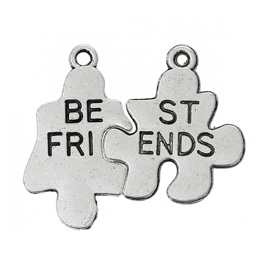 Picture of Charm Pendants Puzzle Antique Silver "Best Friends" Carved 22mm x 12mm 19mm x 17mm,50Sets