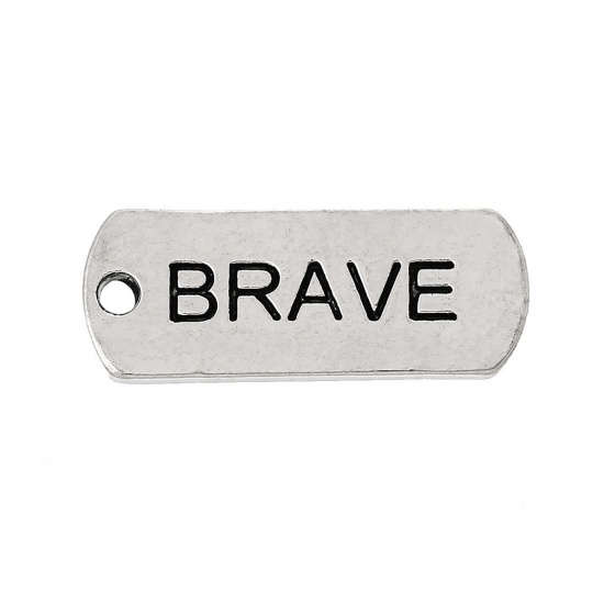 Picture of Zinc Metal Alloy Charm Pendants Rectangle Antique Silver Message " Brave " Carved 21mm( 7/8") x 8mm( 3/8"), 30 PCs