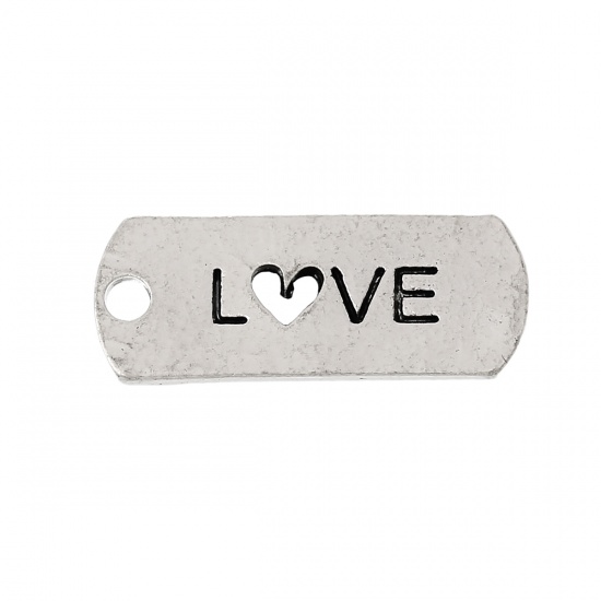 Picture of Zinc Metal Alloy Charm Pendants Rectangle Antique Silver Message " Love " Carved 21mm( 7/8") x 8mm( 3/8"), 30 PCs