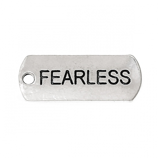 Picture of Zinc Metal Alloy Charm Pendants Rectangle Antique Silver Message " Fearless " Carved 21mm x 8mm( 7/8" x 3/8"), 30 PCs