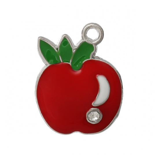 Picture of Zinc Based Alloy Charms Apple Fruit Silver Tone Clear Rhinestone Red & Green Enamel 26mm x 20mm(1" x 6/8"), 20 PCs