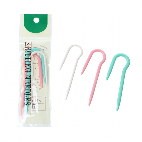 Picture of ABS Cable Stitch Knitting Needles U Shaped Pink & Blue & Off-White 15.5cm x4.5cm(6 1/8" x1 6/8"), 20 Sets(3 PCs/Set)
