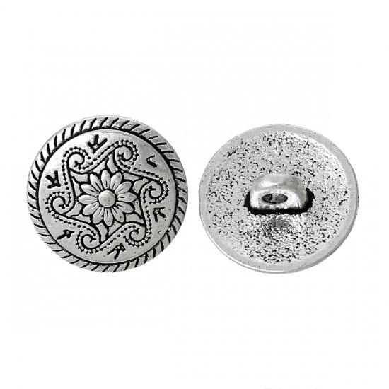 Picture of Zinc Based Alloy Metal Sewing Shank Buttons Round Antique Silver Flower Carved 15mm( 5/8") Dia, 100 PCs