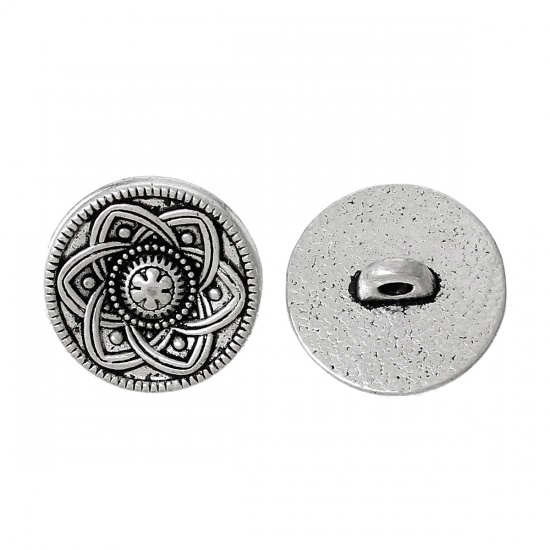 Picture of Zinc Based Alloy Metal Sewing Shank Buttons Round Antique Silver Flower Carved 15mm( 5/8") Dia, 30 PCs