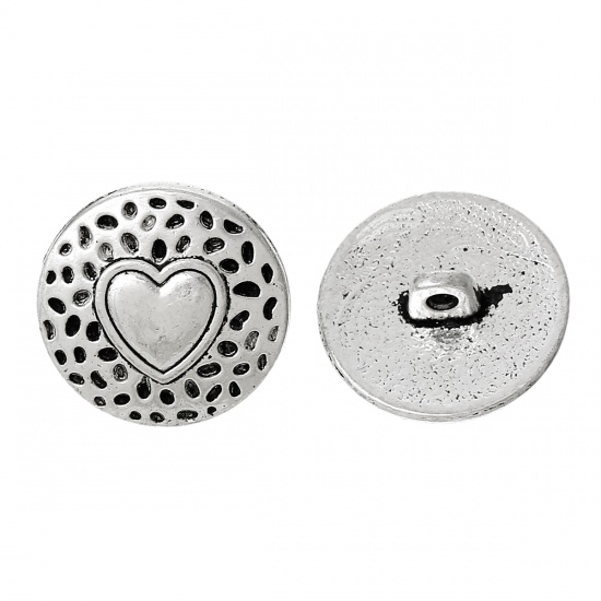 Picture of Zinc Based Alloy Metal Sewing Shank Buttons Round Antique Silver Heart Carved 18mm( 6/8") Dia, 20 PCs