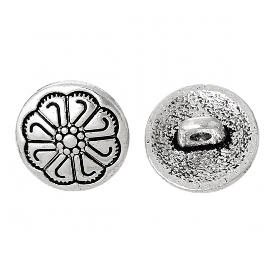 Picture of Zinc Based Alloy Metal Sewing Shank Buttons Round Antique Silver Flower Carved 12mm( 4/8") Dia, 50 PCs
