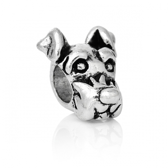 Picture of Zinc Metal Alloy European Style Large Hole Charm Beads Dog Head Antique Silver About 14mm x 12mm, Hole: Approx 5.3mm, 10 PCs