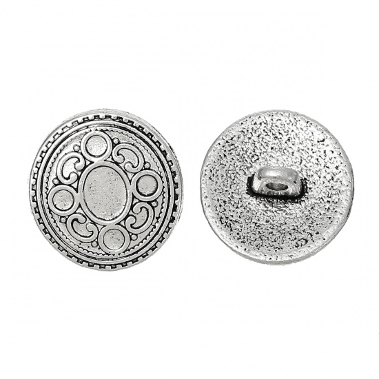 Picture of Zinc Based Alloy Metal Sewing Shank Buttons Round Antique Silver Circle Carved 17mm( 5/8") x 16.5mm( 5/8"), 20 PCs