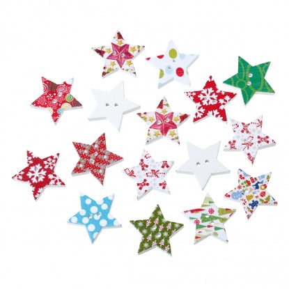 Picture of Wood Sewing Buttons Scrapbooking 2 Holes Star At Random Christmas Pattern 25mm(1") x 24mm(1"), 50 PCs