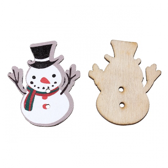 Picture of Wood Sewing Buttons Scrapbooking 2 Holes Christmas Snowman White 32mm(1 2/8") x 27mm(1 1/8"), 50 PCs