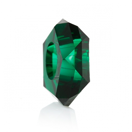 Picture of Resin European Style Large Hole Charm Beads Round Dark Green Faceted Transparent Crystal Imitation About 14mm( 4/8") x 5mm( 2/8"), Hole: Approx 5.7mm, 50 PCs