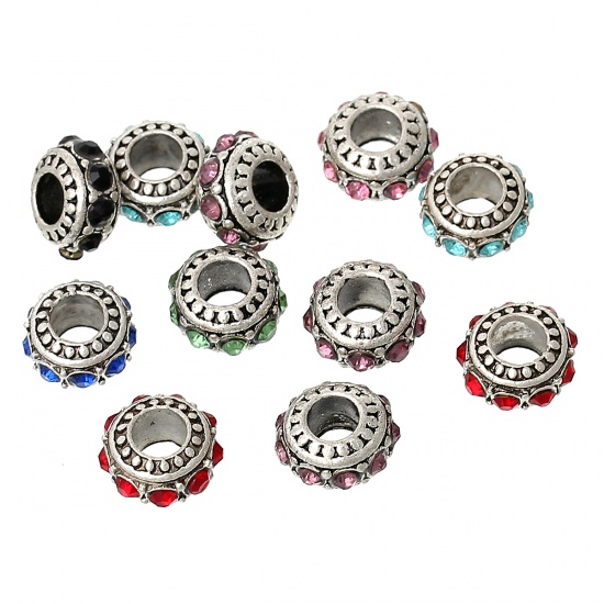 Picture of Zinc Metal Alloy European Style Large Hole Charm Beads Barrel Antique Silver At Random Rhinestone About 11mm( 3/8") x 6mm( 2/8"), Hole: Approx 5.0mm, 10 PCs