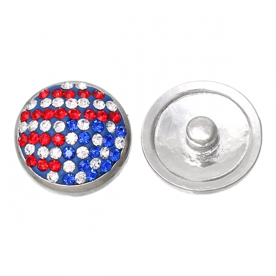 Picture of 20mm Clay Snap Buttons Round Silver Tone Flag of the United States Pattern Multicolor Rhinestone Fit Snap Button Bracelets, Knob Size: 5.5mm( 2/8"), 2 PCs