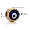 亜鉛合金 メタル/金属 スペーサ ビーズ 円形 ライトゴールド 邪眼柄、 紺碧エナメル 約 6mm直径、 穴：約 1.7mm、 30 個 の画像