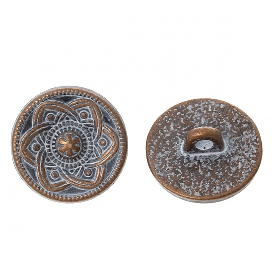 Picture of Zinc Based Alloy Metal Sewing Shank Buttons Round Antique Copper Flower Carved Spray Painted White 15mm( 5/8") Dia, 50 PCs