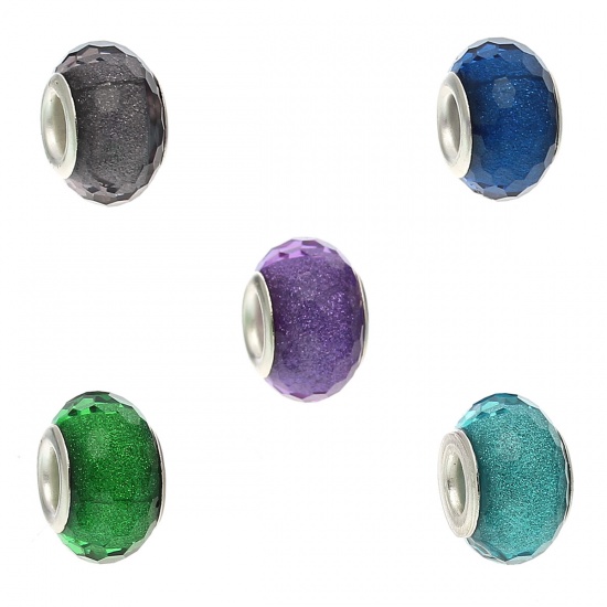 Picture of Resin European Style Large Hole Charm Beads Round Silver Plated Faceted Mixed Color Glitter About 14mm x 9mm, Hole: Approx 5.1mm, 20 PCs