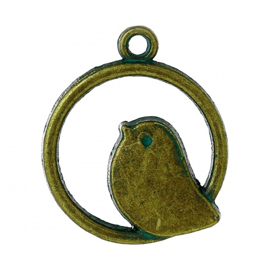 Picture of Zinc Based Alloy Patina Charms Round Antique Bronze Mother Bird Hollow 25mm(1") x 21mm( 7/8"), 10 PCs