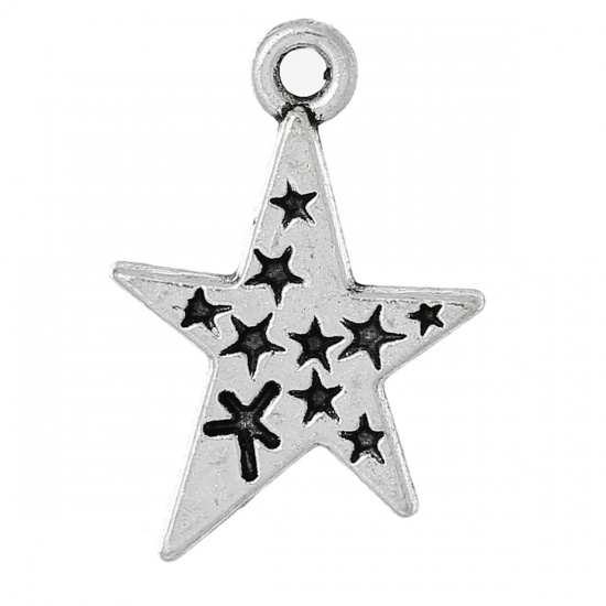 Imagen de Colgantes Aleación del Metal Del Zinc de Estrellas de cinco puntos , Plata Antigua Estrella Patrón 22mmx 15mm, 30 Unidades
