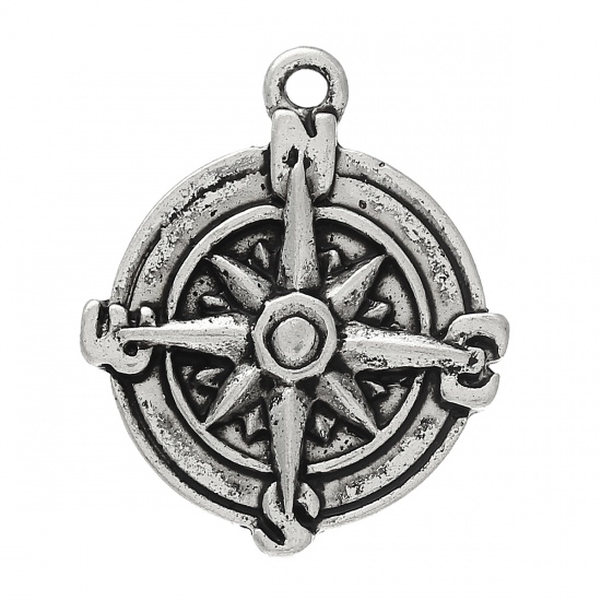 Picture of Zinc Based Alloy Charms Round Antique Silver Travel Compass Carved 21mm( 7/8") x 17mm( 5/8"), 20 PCs