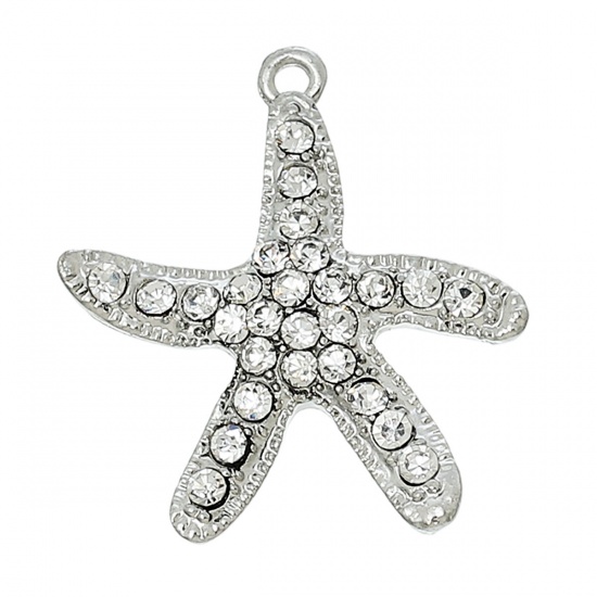 Picture of Zinc Based Alloy Ocean Jewelry Charms Star Fish Silver Tone Clear Rhinestone 28mm x 26mm, 500 PCs
