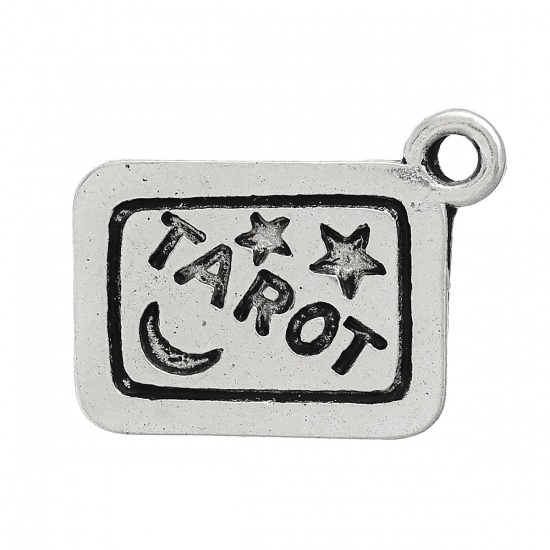 Picture of Zinc Metal Alloy Charm Pendants Rectangle Antique Silver Star & Moon Message " Tarot " Carved 18mm(6/8") x 14mm(4/8"), 20 PCs