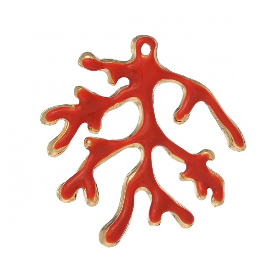 Immagine di Lega di Zinco Charm Ciondoli Corallo Oro Placcato Rosso Arancione Smalto 37mm x 36mm , 5 Pz