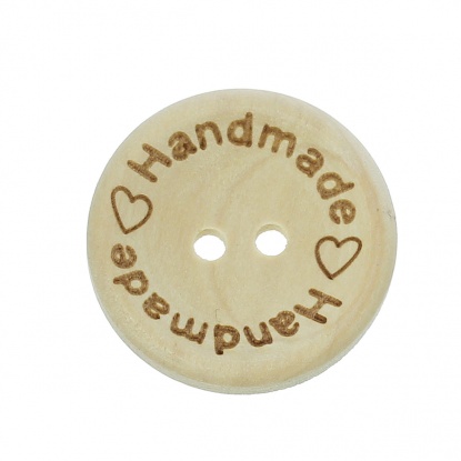ウッド ボタン 円形 ナチュラル 二つ穴 文字 " Handmade " 25mm 直径、 100 個 の画像