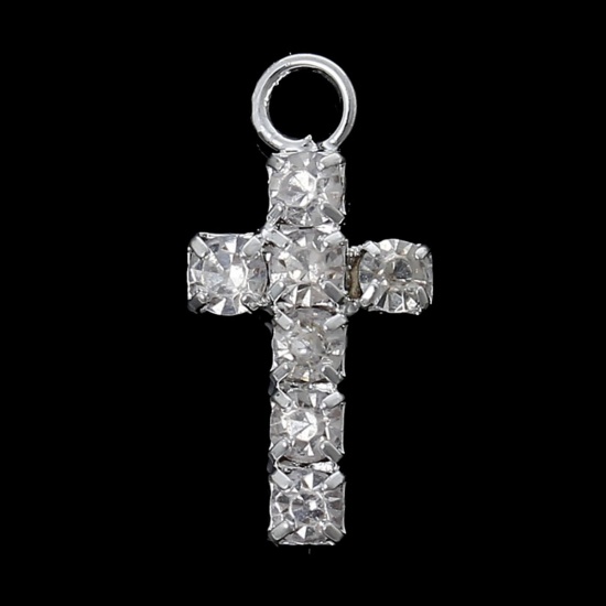 Picture of Copper Easter Charms Cross Silver Plated Clear Rhinestone 16mm( 5/8") x 7mm( 2/8"), 10 PCs