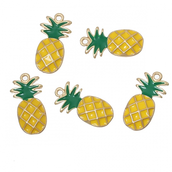 Picture of Zinc Based Alloy Charms Pineapple/ Ananas Fruit Gold Plated Yellow Enamel 23mm x 12mm, 500 PCs