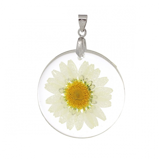 Picture of Resin Charm Pendants Round Transparent Yellow Real Flower 44.0mm(1 6/8") x 32.0mm(1 2/8"), 3 PCs