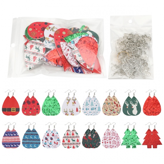 Picture of PU Leather Material Accessory Set For DIY Earings Pendants Multicolor Drop Christmas Tree Sequins 57mm x 38mm 56mm x 40mm, 1 Set