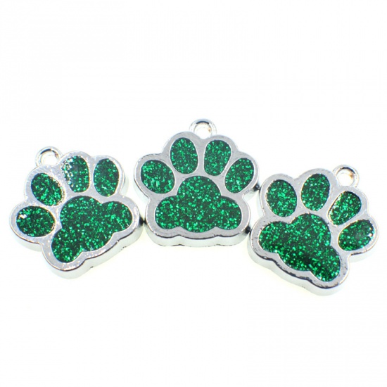 Picture of Zinc Based Alloy & Glass Pet Memorial Charms Paw Claw Silver Tone Dark Green Glitter 16mm x 16mm, 10 PCs