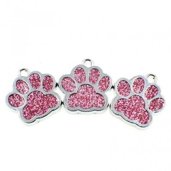 Picture of Zinc Based Alloy & Glass Pet Memorial Charms Paw Claw Silver Tone Pink Glitter 16mm x 16mm, 10 PCs