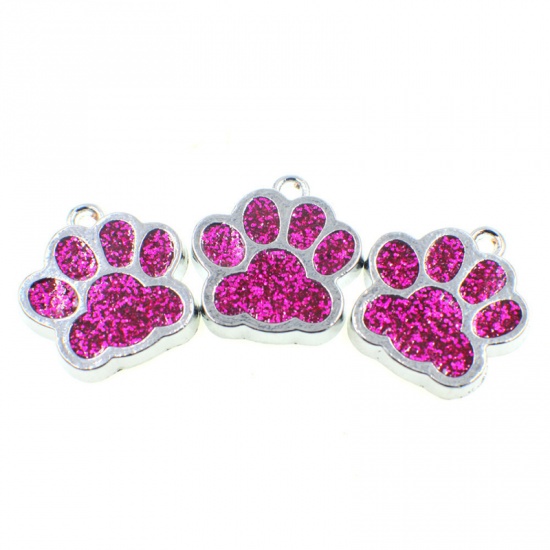 Picture of Zinc Based Alloy & Glass Pet Memorial Charms Paw Claw Silver Tone Fuchsia Glitter 16mm x 16mm, 10 PCs