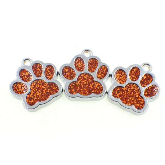 Picture of Zinc Based Alloy & Glass Pet Memorial Charms Paw Claw Silver Tone Orange Glitter 16mm x 16mm, 10 PCs