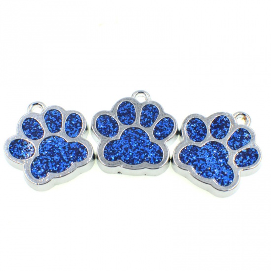 Picture of Zinc Based Alloy & Glass Pet Memorial Charms Paw Claw Silver Tone Dark Blue Glitter 16mm x 16mm, 10 PCs