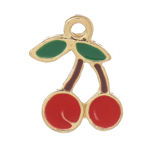 Picture of Zinc Based Alloy Charms Cherry Fruit Leaf Gold Plated Red & Green Enamel 18mm( 6/8") x 16mm( 5/8"), 10 PCs