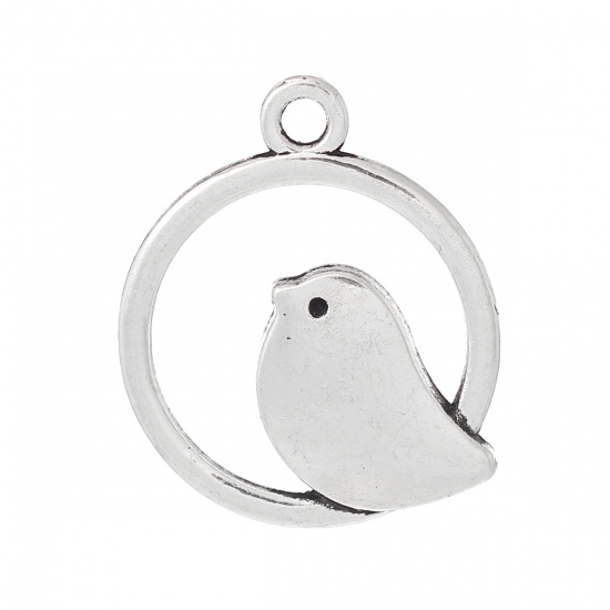 Picture of Zinc Based Alloy Charms Round Antique Silver Mother Bird Hollow 24mm(1") x 20mm( 6/8"), 20 PCs