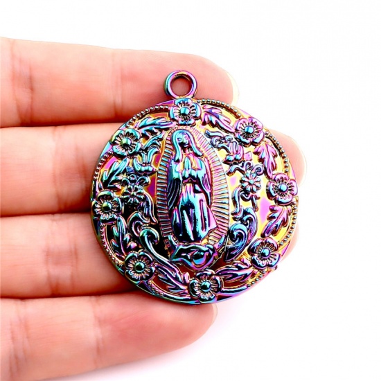 Picture of Zinc Based Alloy Religious Pendants Round Multicolor Virgin Mary AB Color 48mm x 42mm, 1 Packet ( 2 PCs/Packet)