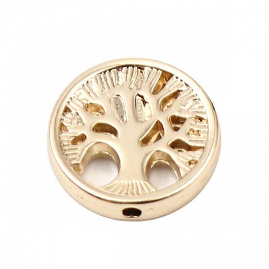 Picture of Zinc Based Alloy Spacer Beads Flat Round 16K Real Gold Plated Tree About 18mm Dia., Hole: Approx 1.7mm, 5 PCs