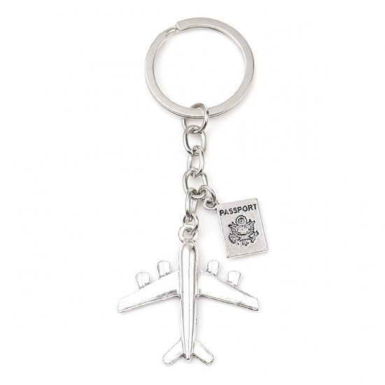 Picture of Travel Keychain & Keyring Antique Silver Color Airplane Message " passport " 10cm, 1 Piece