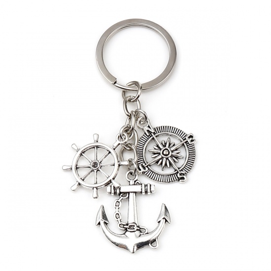 Bild von Reise Schlüsselkette & Schlüsselring Antiksilber Anker Kompass 9.2cm, 1 Stück