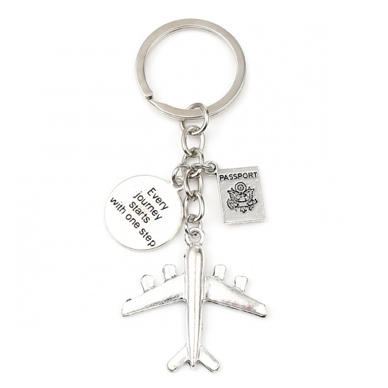 Picture of Travel Keychain & Keyring Antique Silver Color Passport Airplane Message " Every journey starts with one step " 10cm, 1 Piece