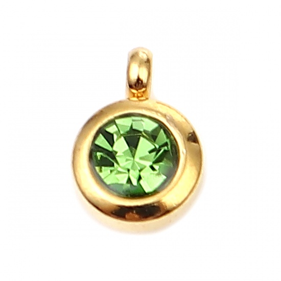Immagine di Stainless Steel & Glass Birthstone Charms Round Gold Plated Green August 9mm x 7mm, 2 PCs